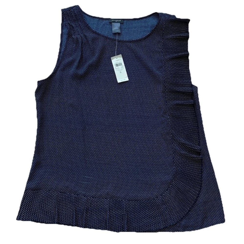 Ann Taylor Tank Top Small Sleeveless Blouse Navy Blue Polka Dots Ruffle